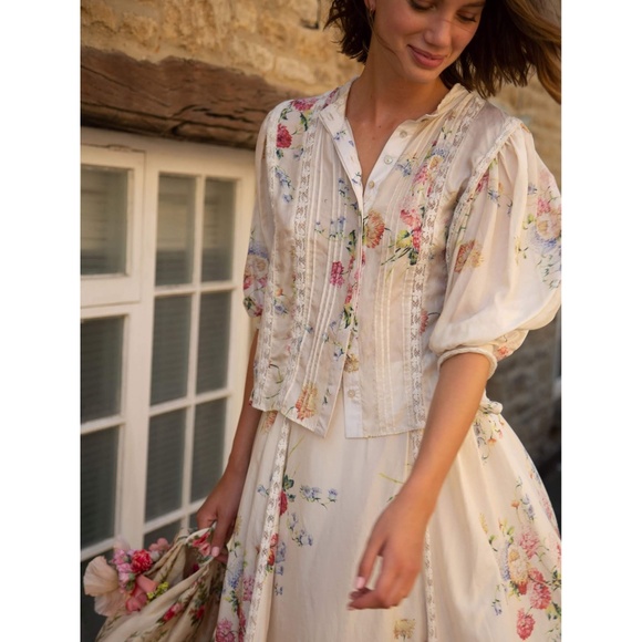 SOLD LoveShackFancy Tegan Floral Silk Blouse Top S - Picture 5 of 5